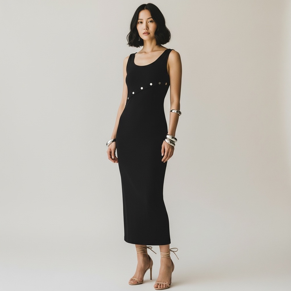 White House Black Market Black Stretch Midi Dress with Metal Button Detail – M